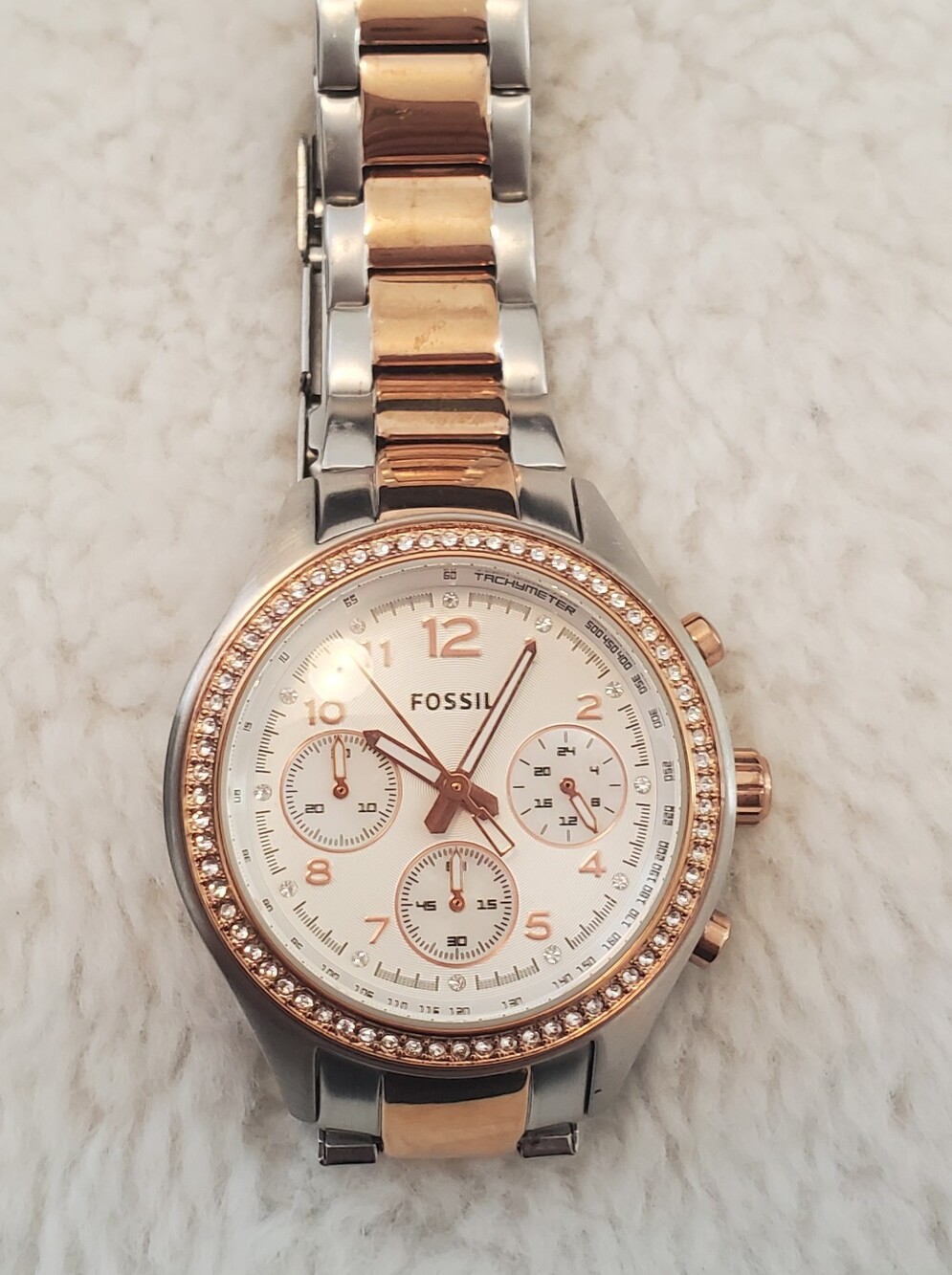 Fossil Women's Two-Tone Rose Gold and Silver Crystal Chronograph Watch